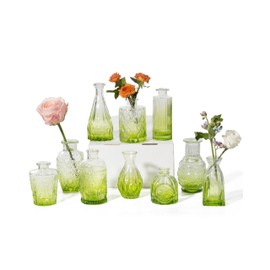 PURVONNIE Vintage Small Glass Vases Set of 10,Mini Bud Vases for Flowers,Amber Glass Vases for Centerpieces,Wedding Decorations,Home Table Flower Decor (Olive Green)