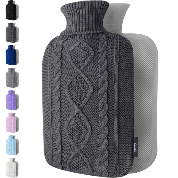 Hot Water Bottle with Cover - Soft Premium Knitted Cover - 1.8 L Large Hot Water Bottle Kids Bed Bottle for Adults for Cosy Nights and Pain Relief - Dark Grey