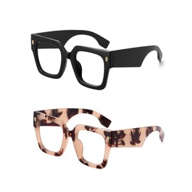 JM 2 Pack Oversized Square Trendy Blue Light Blocking Reading Glasses for Women, Big Wide Fashion Computer Readers Black & Pink Tortoise+2.5