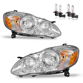 Headlights Assembly for 2003-2008 Toyota Corolla Headlamp Replacement Clear Lens Chrome Housing Amber Reflector Driver & Passenger Side