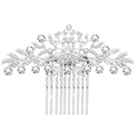 Women's Flower Austrian Crystal Bride Wedding Hair Side Combs Hair Accessories Art Deco Floral Bridal Side Combs Headpiece for Women, Brides Hair Accessories/Gift Box Pearl Silver Color