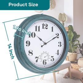 Aurowit Outdoor Clock Waterproof 14 Inch Outdoor Clocks with Thermometer Combo Wall Clock Battery Operated Non-Ticking Green Clocks for Patio Pool