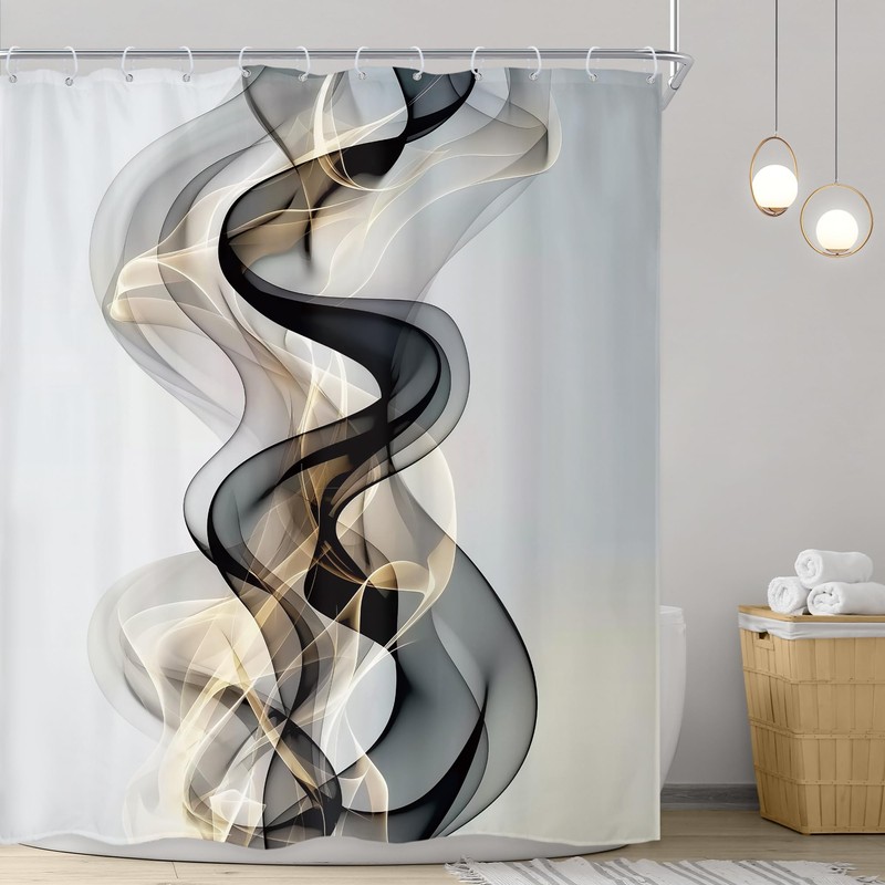 Riyidecor Abstract Black Gold Shower Curtain 60Wx72H Inch Modern Luxury