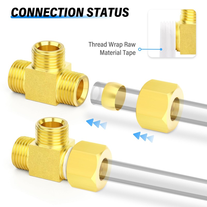 TAILONZ PNEUMATIC 2PCS Brass Compression Tube Pipe Fitting Connector, Tee，10mm