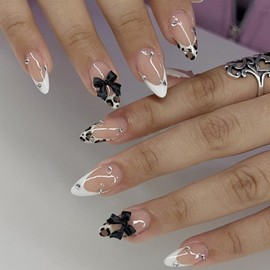 Press on Nails Medium Almond French White Tips Fake Nails Leopard Print on False Nails with Black Bow Charm Designs Full Cover Artificial Glossy Glue on Nail for Women Girls DIY Nail Art Decoration ﻿