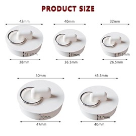 5 Pieces Bath Stopper Plug, Sink Plug Rubber, Rubber Bath Plug, Water Stopper Seal Replacement Universal Sink Plug Set with Hanging Ring for Bathtub Bathroom Kitchen, White