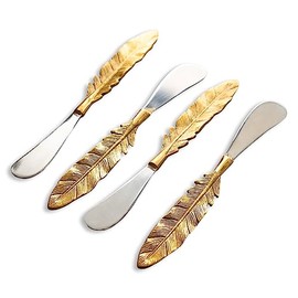 IHI EST. 1986 India Handicrafts 75026 Brassy Leaf 7 inch Stainless Steel Kitchen Serving Cheese Spreader Knives Set of 4