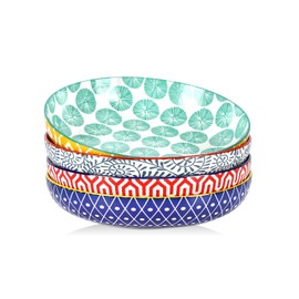 Selamica 9.6" Pasta Bowls Set of 4, 51 OZ Large Salad Bowls, Ceramic Wide and Shallow Serving Bowls for Soup, Dinner, Microwave & Dishwasher Safe, Assorted Colors