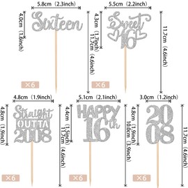 30 piezas de adornos para magdalenas de 16 cumpleaños con purpurina, dieciséis felices, 16 piezas de púas para magdalenas de 2008 para saludar a 16 años, 16 años, boda, aniversario, fiesta, decoración