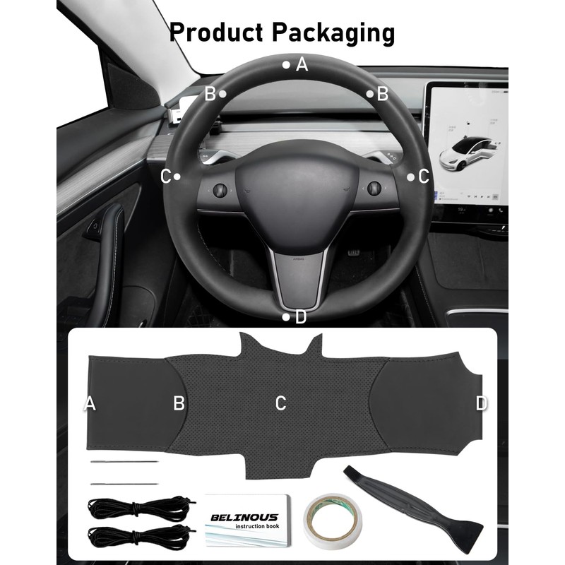 Belinous Leather Steering Wheel Cover Lace Up, Genuine Leather Hand