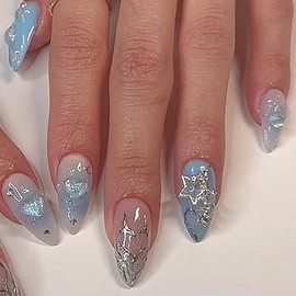 24Pcs Almond Press On Nails，Almond Shaped Press On Nails，Almond Nails Press On Medium Almond Nails Blue Fake Nails with Heart Shape&Silver Star charm Designs Artificial Nails Stick on Nails For Women