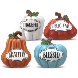 Bucherry Set of 4 Thanksgiving Pumpkins Fall Table Decor for Home Table Centerpieces, Harvest Autumn Resin Pumpkin Figurines Indoor Tabletop Centerpieces Decorative for Dining Room Shelf Decoration