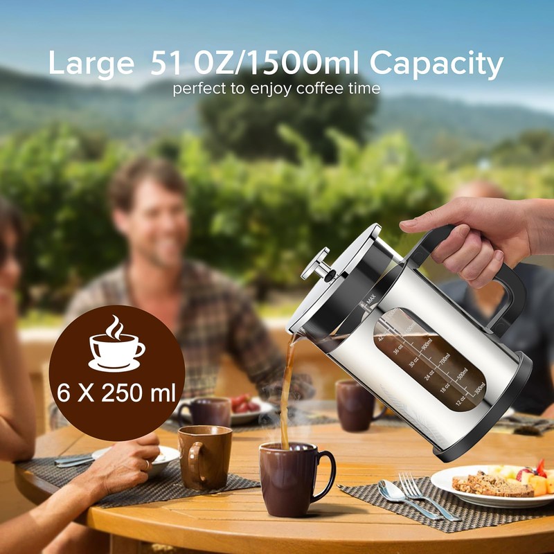 QUQIYSO French Press Coffee Maker 51oz 304 Stainless Steel French