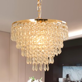 FRIXCHUR 11.8'' Gold Crystal Chandelier LED Flush Mount Crystal Ceiling Pendant Light for Living Room, Dining Room