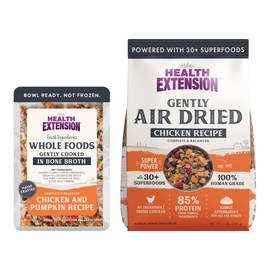 Health Extension Bundle - Gently Air Dried Chicken Recipe (2 Lbs) and Gently Cooked Pouches Chicken and Pumpkin Flavor (9oz) - Omega-3s & Superfoods for All Life Stages