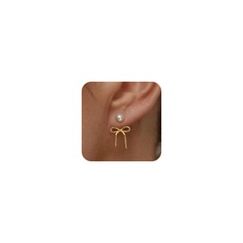 Nogesida Pearl Bow Earrings Stud for Women Trendy Cute Statement Dainty 14K Gold Plated Hoop Earrings Small Accessories Wedding Bridal Flat Back Ear Rings Dangle Drop Hypoallergenic Jewelry Gifts