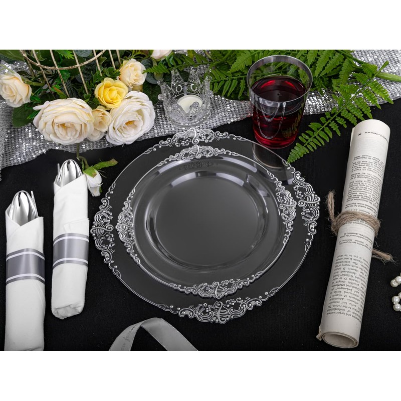 Morejoy 350PCS Clear Silver Plastic Plates - Silver Disposable Plates