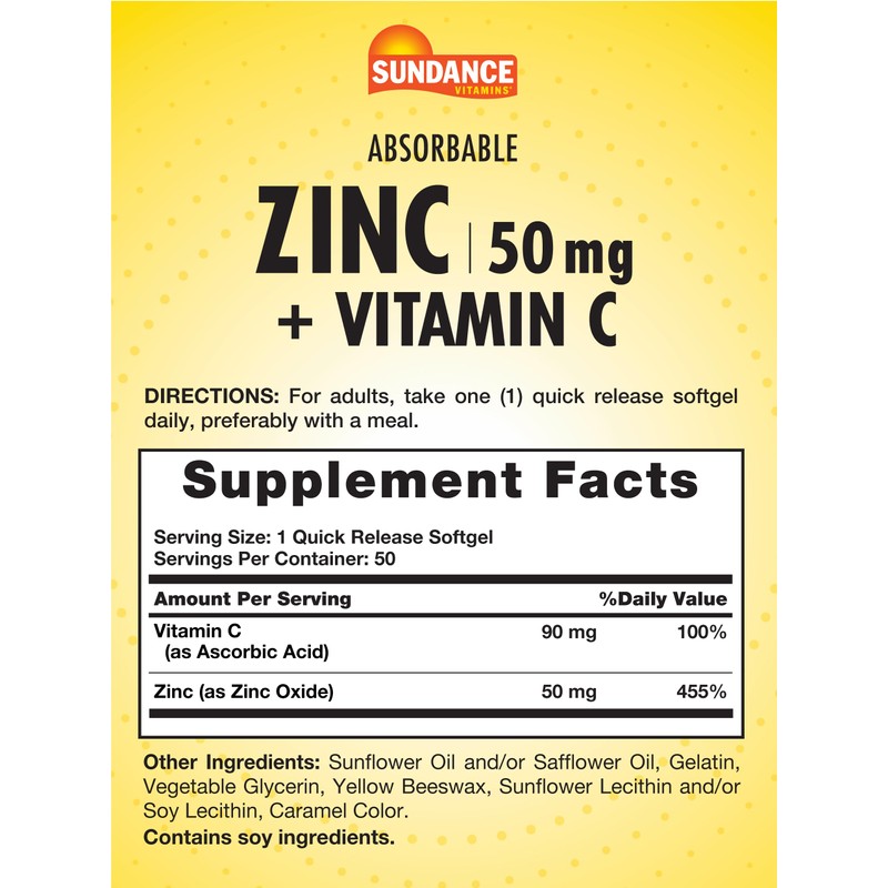 Sundance Absorbable Zinc with Vitamin C | 50mg | 50