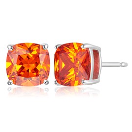 MORGAN & PAIGE .925 Sterling Silver Platinum Plated Cushion Cut Orange Cubic Zirconia Earrings Studs, Hypoallergenic 4-Prong Setting Butterfly-Back Simulated Diamond Stud Earrings for Women