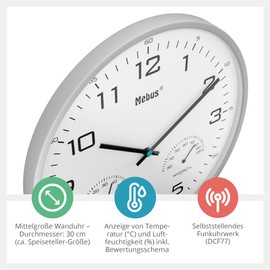 Mebus Modern Radio Wall Clock with Temperature Display and Humidity, 30 cm, Radio-Controlled Clock, Living Room, Kitchen Clock, Model: 52842, Colour: Grey