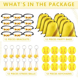 Nuogo 48 Pcs Softball Party Favors Softball Gifts for Girls Include 12 Pcs Softball Goodie Bags 12 Pcs Softball Keychain 12 Pcs Softball Bracelets and 12 Pcs Softball Stress Balls for Sport Party