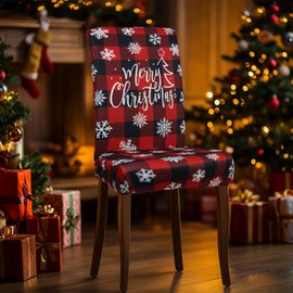 shuownshg Christmas Chair Covers Set of 4 Red Buffalo Plaid Christmas Tree Truck Dining Chair Seat Cover Stretch Removable Xmas Chair Slipcover Protector for Xmas Dining Room Kitchen Home Decor