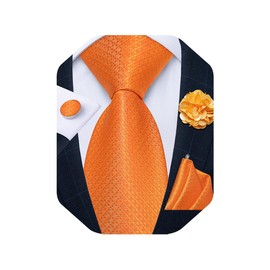 DiBanGu Mens Tie and Lapel Pin Set Silk Plaid Solid Paisley Necktie & Pocket Square Cufflinks for Wedding Party, Orange