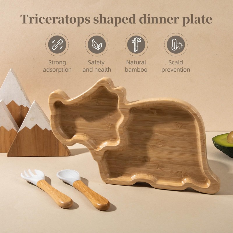 Bamboo Baby Plate Set with Suction - Dinosaur Divided Toddler
