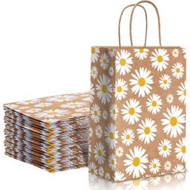 Whaline 12 Pack Daisy Flower Goodie Bags Hippie Daisy Flower Gift Kraft Paper Bags with Handles Floral Gift Bags for Spring Party Favor Wedding Birthday Shopping Baby Shower, 5.9 x 8.3 x 3.1 Inch