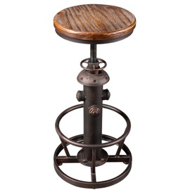 Vintage Swivel Bar Stool Industrial Coffee Kitchen Dining Chair Fire Hydrant Design Height Adjustable 24.8-30.7inch Solid Wooden Seat