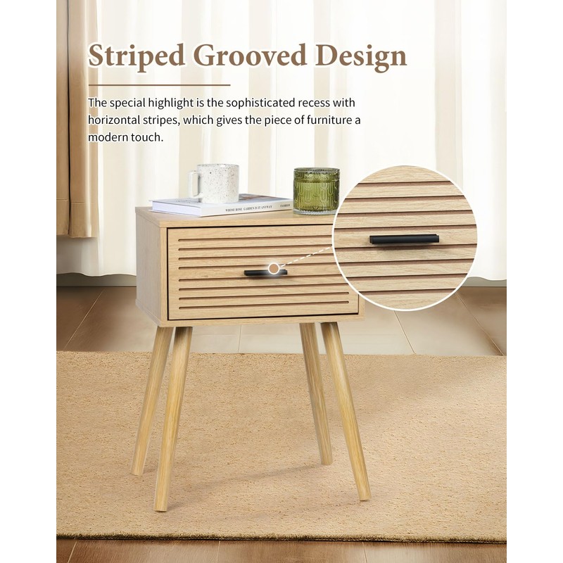 2 Sets Striped Grooved Nightstand with Solid Wood Storage Drawer,