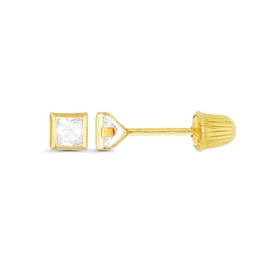 Solid 14K Yellow Gold 3mm Square Cut Cubic Zirconia Diamond Cut Bezel Screw Back Stud Earrings, 3mm