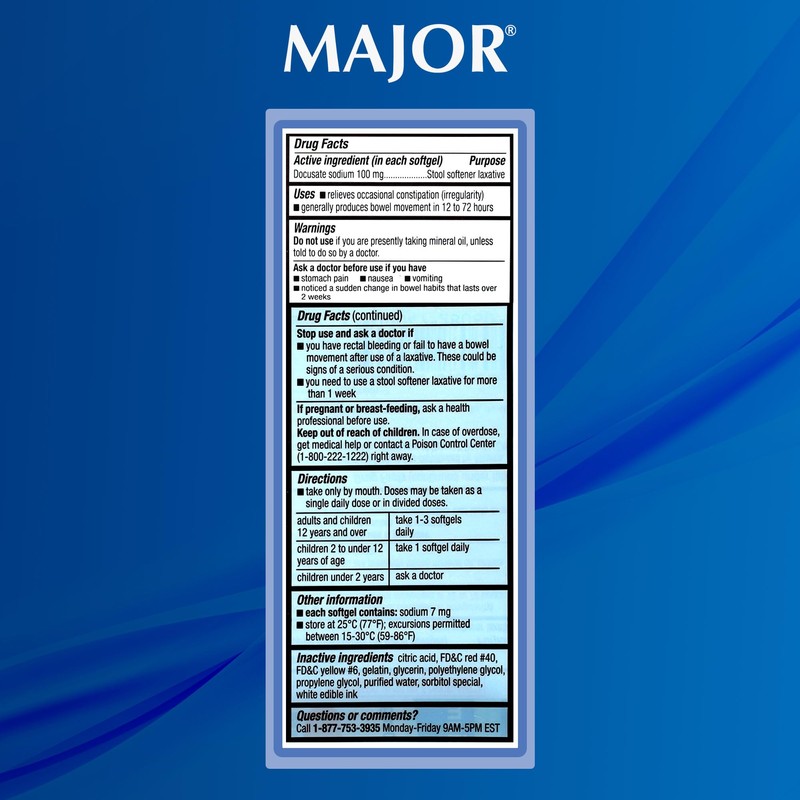 MAJOR Docusate Sodium 100mg Softgels, Stool Softener Laxative for Occasional