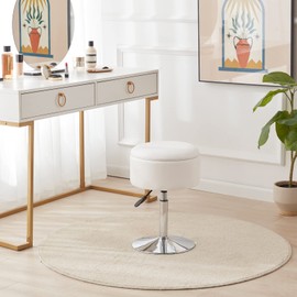 RUCUKEN Adjustable Ottoman Stool White Vanity Stool Vanity Chair for Makeup Room Stool Chair for Vanity Stool with Storage Makeup Stools with Storage Swivel Makeup Chair for Bathroom Faux Leather