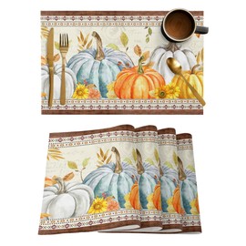 Thanksgiving Pumpkin Placemats Set of 6 Washable Table Mats for Kitchen Dining Table, Fall Leaf Heat-Resistant Cotton Linen Place Mats for Indoor Outdoor Parties Holiday Decoration, Wood Grain