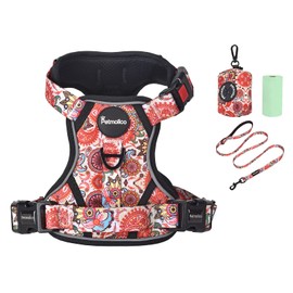 Petmolico No Pull Dog Harness Set, 2 Leash Attchment Easy Control Handle Reflective Vest Dog Harness Medium Breed, Medium Dogs Harness and Leash Set with Poop Bag Holder, Medium Boho Floral