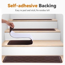 Jorviz 15-Pack Non-Slip Carpet Stair Treads for Wooden Steps Indoor, 8" X 30" Reusable Adhesive Backing Stair Runner Rugs for Kids Elders Pet, Diamond Pattern, Brown