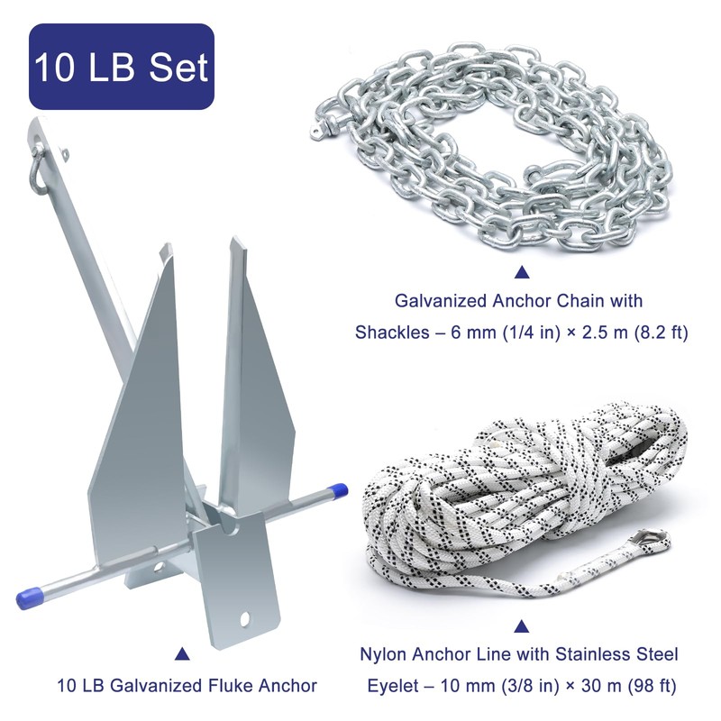 BocBoz 8LB Galvanized Danforth Fluke Anchor Kit Includes Galvanized Fluke