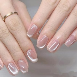 Medium Press on Nails Pink Fake Nails Square False Nails with Glitter Design Acrylic Artificial Nails Glossy Glue on Nails Full Cover Stick on Nails for Women Manicure Art 24Pcs