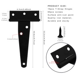 Pack of 10 4 Inch T-Hinges Gate Hinges Door Barn Door Hinges Black Wrought Iron Rustproof with 60 Pieces Black Screws