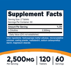 Nutricost L-Citrulline 2500mg Per Serving, 60 Servings, 1250mg Per Tablet, 120 Tabs - Non-GMO and Gluten Free Supplement