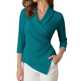 Womens Blouse Casual Long Sleeve V Neck Shirts Tops Pleated Basic Tunic T Shirts Elegant Vintage S Blue-Green
