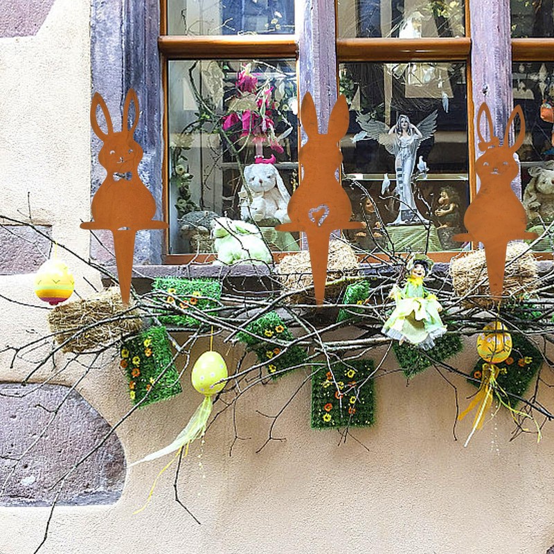 Qooloo Pack of 3 Easter Bunny Garden Stake Rust, Easter