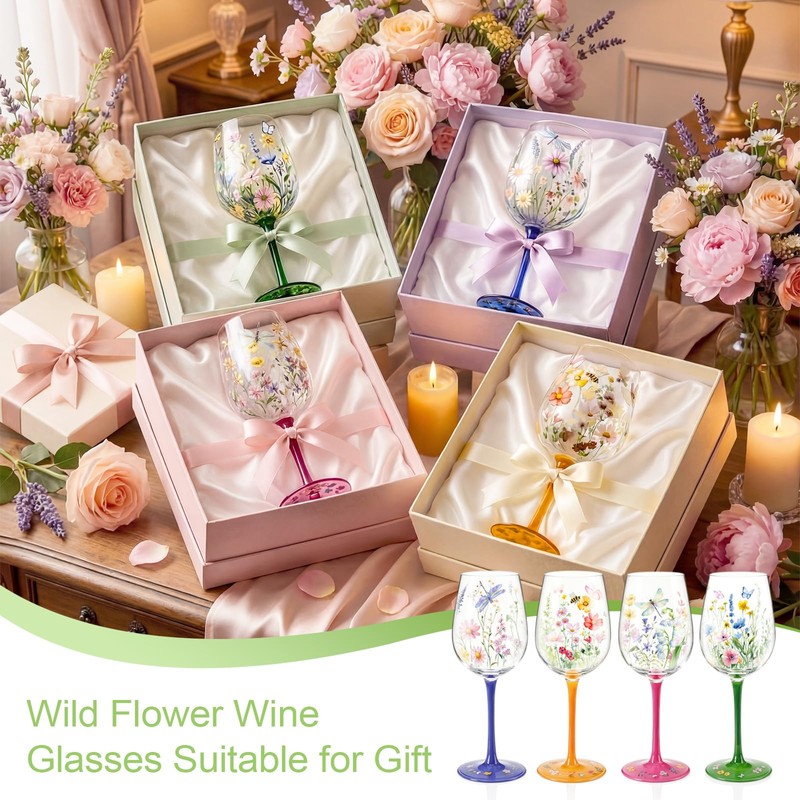 Nuogo 4 PCS Wild Flower Wine Glasses - 15 oz