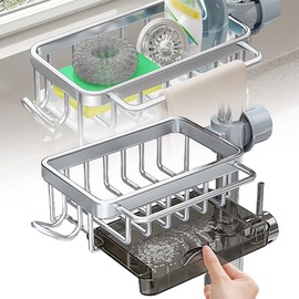 JOZMMZEOOA Sink Organiser, with Hooks, Sponge Holder, Kitchen Sink, Sink Cloth Holder, No Drilling, Sink Organiser, Hanging with Drain Tray, for Kitchen Accessories, Sponge (Silver)