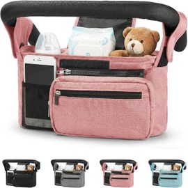 Organizador De Cochecito, Organizador Universal Para Cochecito Con Portavasos Aislados, Bolsillo Extraíble Para Teléfono Y Correa Para El Hombro, Se Adapta a La Mayoría De Cochecitos (Rosa)