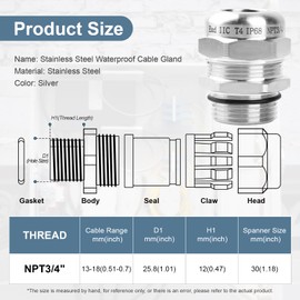 NPT 3/4" Stainless Steel Waterproof Cable Gland IP68 Waterproof Cable Gland Adjustable 13-18mm Cable Gland Protectors - 2 Pcs