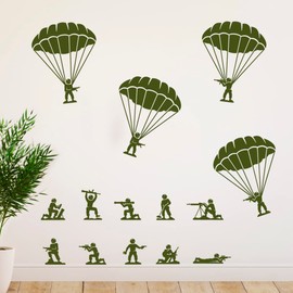 Helicopter Soldiers Army Wall Stickers, Military Vinyl Decals, Boy's Room Decoration, Paratroopers Parachute from Helicopter