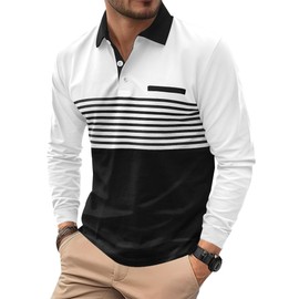 VOGSTART Mens Rugby Polo Shirts Collar Pullover Work Fashion Long Sleeve Cotton Casual Poloshirt White M