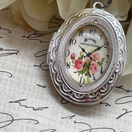 Fancy Fox Boutique Silver Clock Pink Roses Victorian Mauve Locket Necklace Pendant Wedding Mother